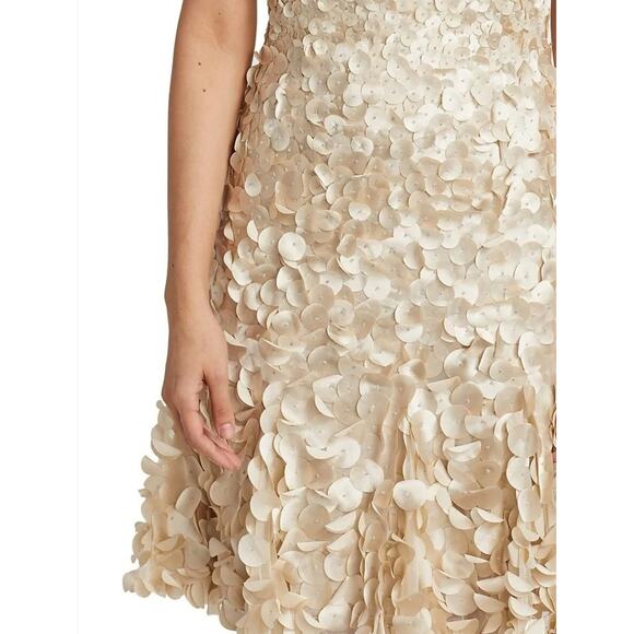 $695 NWT Theia Beige Short Sleeve Beaded Petal Appliqué A-Line Dress Sz 12 - Picture 2 of 12